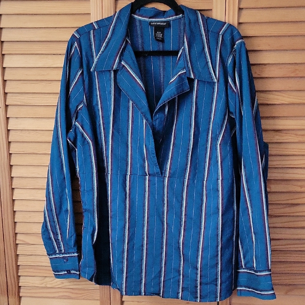 Lane Bryant Blue Maroon Cream Striped Long Sleeve Collared Tunic Top Size 18/20